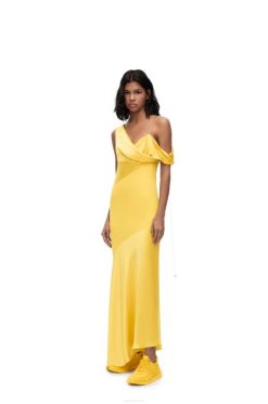 amarelo 80ZJ1097 mulheres vestido assimétrico em cetim e crepe Loewe