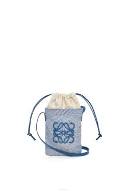 azul denim 80ZJ318 mulheres bolso quadrado em palma de iraca e couro de bezerro Loewe