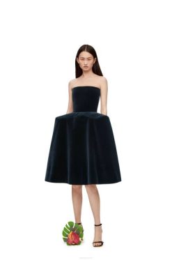 azul escuro 80ZJ1061 mulheres vestido bustiê peplum em veludo de algodão Loewe