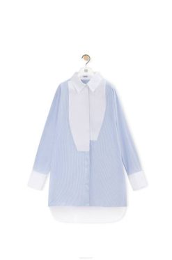 Branco azul 80ZJ936 mulheres camisa plastron listrada em algodão Loewe