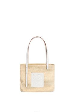 Branco natural 80ZJ47 mulheres bolsa cesta pequena quadrada em ráfia e couro de bezerro Loewe