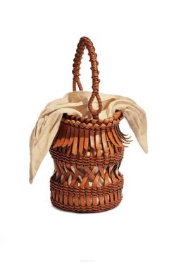 bronzeado 80ZJ185 mulheres bolsa bucket com franjas em couro de bezerro Loewe