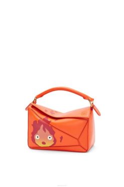 laranja 80ZJ441 mulheres bolsa pequena quebra-cabeça calcifer em couro de bezerro acetinado Loewe