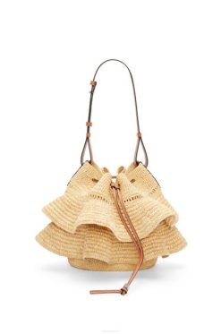 natural/bronzeado 80ZJ39 mulheres bolsa balão babados em ráfia e couro de bezerro Loewe