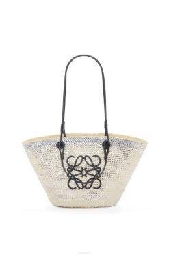 natural/prateado 80ZJ42 mulheres bolsa cesta com anagrama cintilante em palmeira de iraca e couro de bezerro Loewe