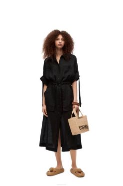 preto 80ZJ1059 mulheres vestido midi workwear em linho Loewe
