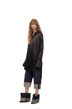 preto 80ZJ1099 mulheres vestido camisa desconstruído em seda Loewe