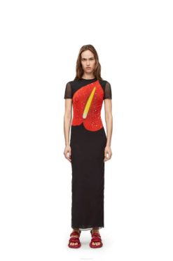 preto/vermelho 80ZJ1066 mulheres vestido antúrio em mesh semitransparente Loewe