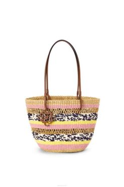 tulipa natural/rosa 80ZJ94 mulheres bolsa cesta em capim elefante e couro de bezerro Loewe